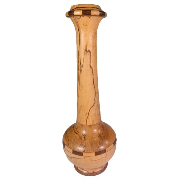Vintage 10.5" Turned Spalted Beech & Segmented Maple Marquetry Bud Vase Signed - Picture 4 of 11